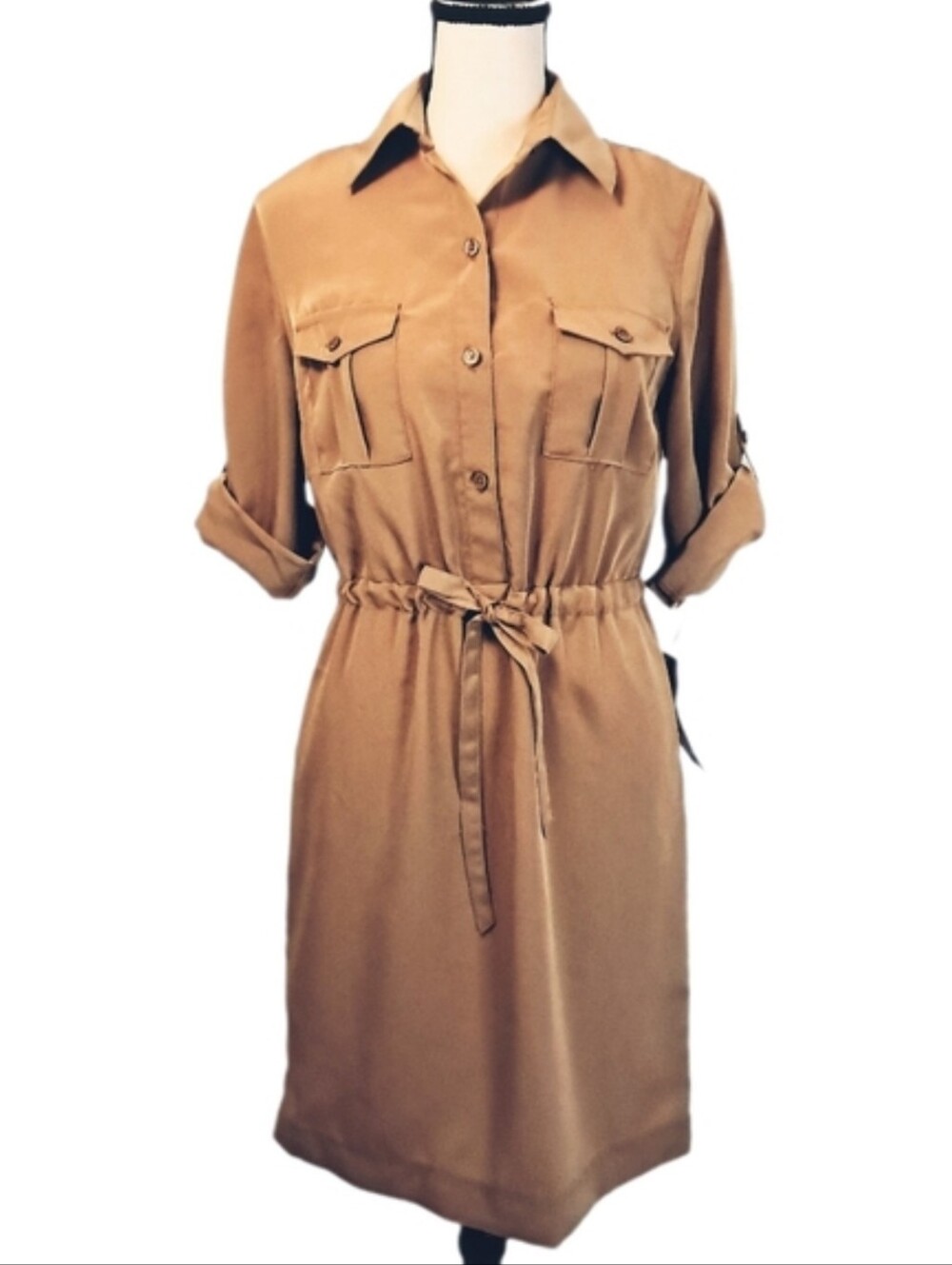NWT Mossimo Tan Button Front Tie Waist Casual Office Shirt Dress Minimalist XS